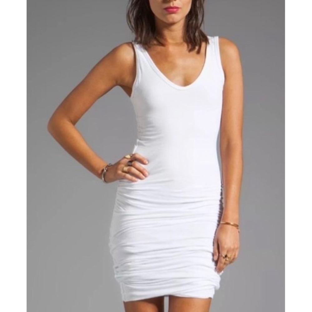 James Perse White Ruched V-Neck Slub Jersey Tank Dress Size 3 Large